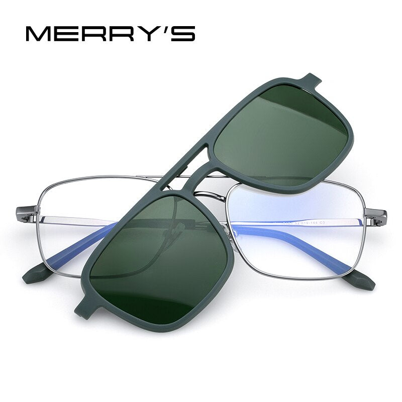 MERRYS DESIGN 2 In 1 Magnet Polarized Clip Glasses Frame Men Optical Clip Glasses For Men Square Eyeglasses S2301