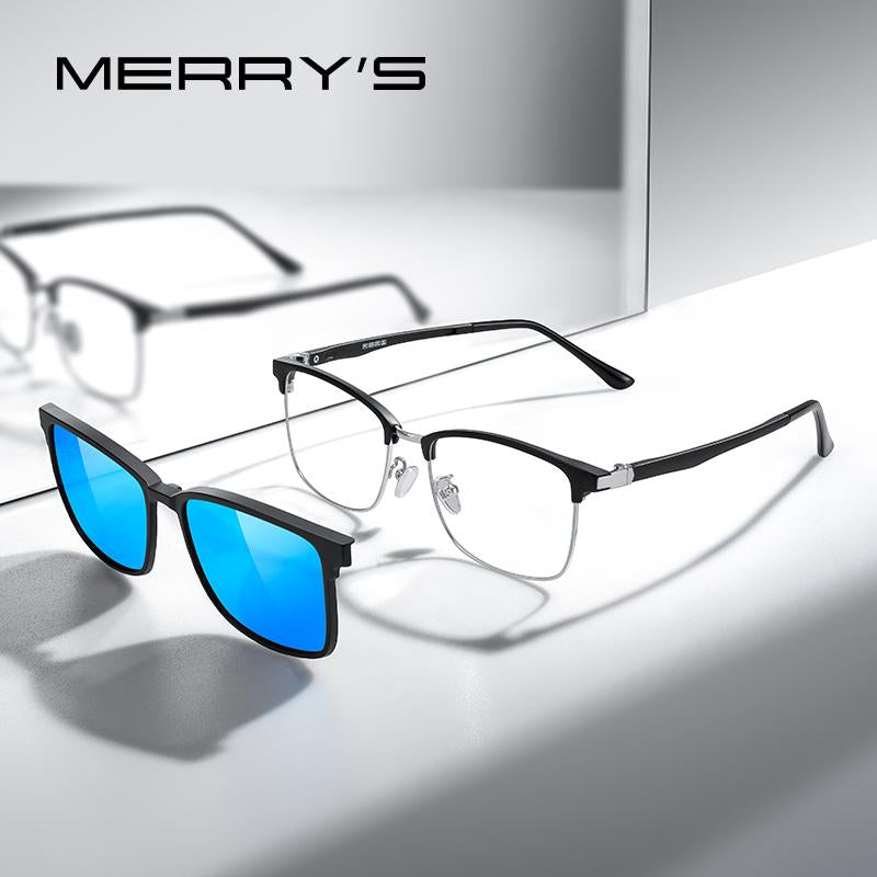 MERRYS DESIGN 2 In 1 Magnet Polarized Clip Glasses Frame For Men Women Optical Clip Glasses Square Semi-Rimless Eyeglasses S2319