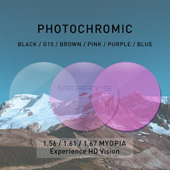 MERRYS Photochromic Gray Green Brown Pink Purple Blue Series 1.56 1.61 1.67 Prescription Glasses Lenses For Myopia Hyperopia