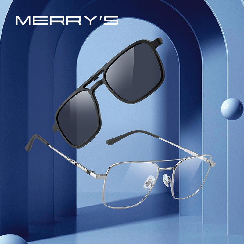 MERRYS DESIGN 2 In 1 Magnet Polarized Clip Glasses Frame Men Optical Clip Glasses For Men Square Eyeglasses S2301