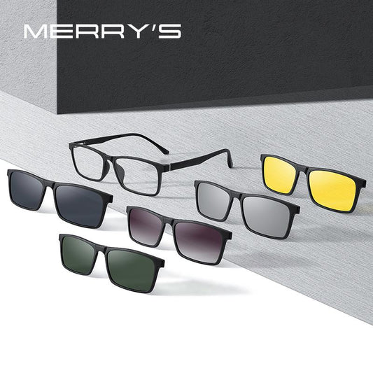 MERRYS DESIGN 5 In 1 Magnet Polarized Clip Glasses Frame Men Women TR90 Glasses Frame Square Eyeglasses S2149